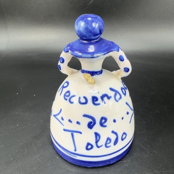 Spanish Lady Bell Toledo Hand Painted Ceramic Pottery Bell Figurine White Blue - Picture 10 of 12